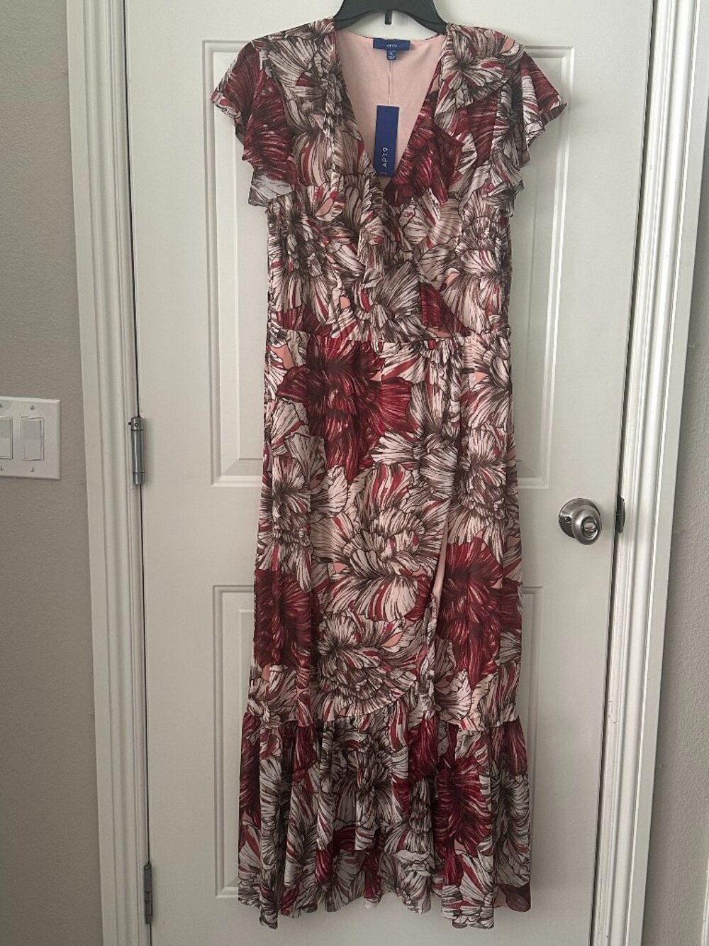 APT 9 Womens Petite L Floral Maxi Dress Ruffle Faux Wrap Burgundy Pink NWT